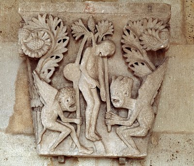 Júdás felakasztása (faragott tőke) alkotó: Romanesque