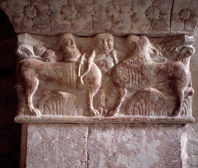 Vadászjelenet, faragott tőke a kolostor tribünjén alkotó: Romanesque
