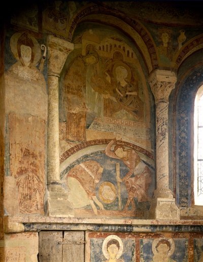 Román művészet: Saint Laurent mártírját (1103-1130) ábrázoló festmény. Freskó. Chateau des Moines kápolnája, Berze la Ville (Berze-la-Ville in Saone and Loire, Burgundia), Franciaország. alkotó: Romanesque