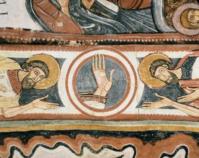 Román művészet: "" Isten jobb keze, Illés és Henoch (vagy Énok) pátriárkák. Részlet. A león iskola freskója (Spanyolország). 1132. Del Camin Szűzanya szentélye alkotó: Romanesque