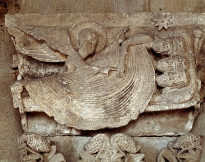 A mágusok alszanak egy angyallal, aki felébreszti őket, és a betlehemi csillag (faragott tőke) felé mutat. alkotó: Romanesque