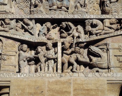 Kilátás az utolsó ítélet timpanonjára, a pokol részlete (szobor alkotó: Romanesque