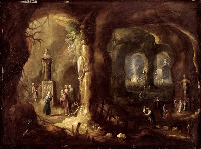 Grotto szobrokkal és számos bálványt imádó alakkal (Szent Simeon Stylites), 1640 körül (olaj, réz) alkotó: Rombout van Troyen