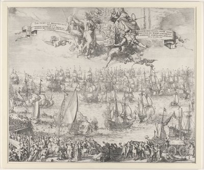III. Vilmos utazása Angliába, 1688 Tengeri túra a Hellevoet Sluys-tól, S.K.H. Wilhem Henrik G. Ga. Orangeie Erfstadh hercege. sapka. és Adm. Gén. van Az Egyesült Államok / For the Restoration of the Constitutions, and True Religion in Engelant Sch alkotó: Romeyn de Hooghe (attributed to workshop of)