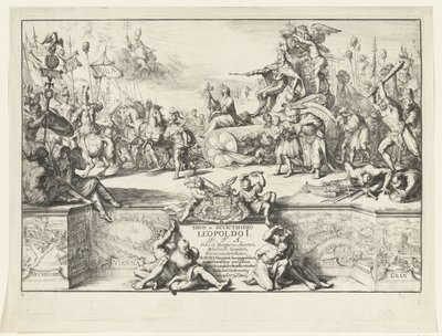I. Lipót győzelmeinek allegóriája Divo et invictissimo Leopoldo I (cím a tárgyon) I. Lipót belépése Brüsszelbe a törökök legyőzése után, 1686 (sorozat címe) alkotó: Romeyn de Hooghe