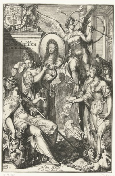 Allegorikus homlokzat III. Vilmos portréjával Vilmos király megérkezése Hollandiába (cím a tárgyon) alkotó: Romeyn de Hooghe