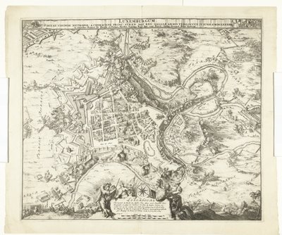 Bombardment van Luxemburg door de maarschalk de Créquy, 1684 Luxemburg, vezet. vezetéknév világváros chimacens herceg stren def. reg. De Gallia karjai megszállták. június 4 Ao. 8834 (cím az objektumon) alkotó: Romeyn de Hooghe