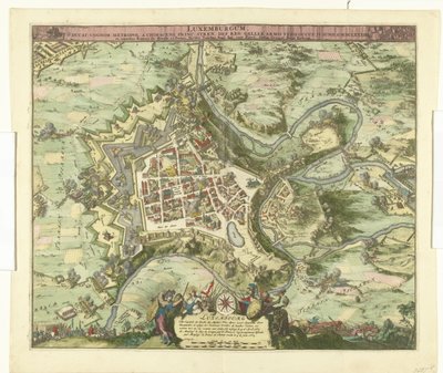 Bombardment van Luxemburg door de maarschalk de Créquy, 1684 Luxemburg, vezet. vezetéknév világváros chimacens herceg stren def. reg. De Gallia karjai megszállták. június 4 Ao. 8834 (cím az objektumon) alkotó: Romeyn de Hooghe