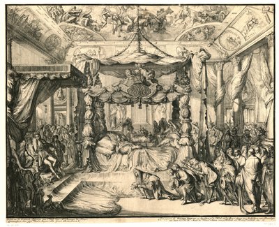 Stuart Mária királynő a halálos ágyán, 1695 II. Stuart Mária, Anglia királynője halála és temetése, 1695 (sorozat címe) alkotó: Romeyn de Hooghe