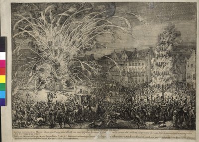 Éjszakai tűzijáték a brüsszeli Sablons utcán 1686 (metszet) alkotó: Romeyn de Hooghe