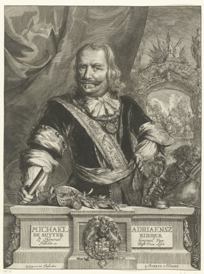 Michiel de Ruyter portréja Michael Adriaensz de Ruyter Knight Admirael hadnagy Van Hollandt és West Vrieslandt (cím a tárgyon) alkotó: Romeyn de Hooghe