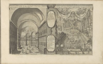 Török mecset Konstantinápolyban; Keizerlijkhof Kínában Turksche mocks van binnen / The interior of the Mosque of S. Sophia, in Konstantinápoly // Chineese Hof Pomp / Magnificience of the Court of Emp. Kínából. (cím a tárgyon) Kelet-India és O alkotó: Romeyn de Hooghe