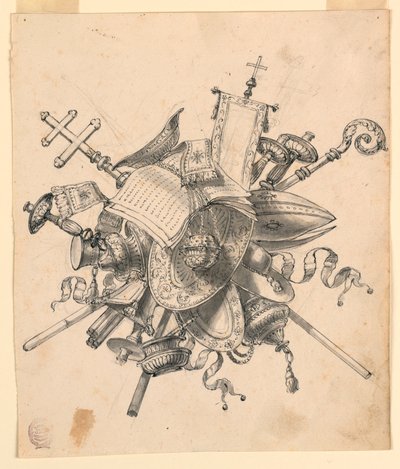 Rajz, trófea egyházi tárgyakkal, 1830-1850 alkotó: Romolo Achille Liverani