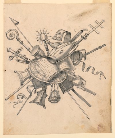 Rajz, trófea egyházi tárgyakkal, 1830-1850 alkotó: Romolo Achille Liverani