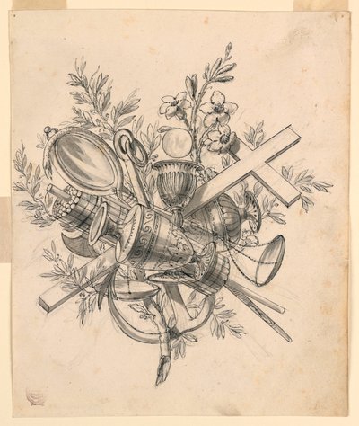 Rajz, trófea az erények szimbólumaival, 1830-1850 alkotó: Romolo Achille Liverani