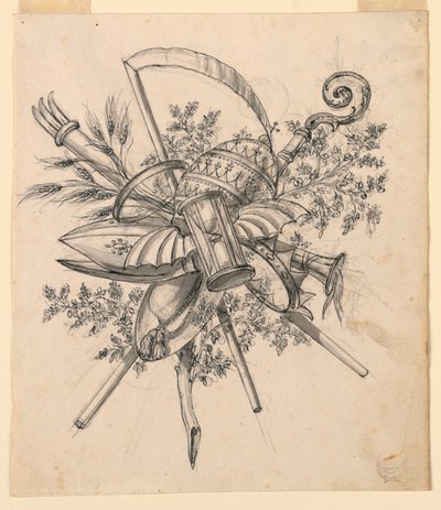 Rajz, Trófea szárnyas homokórával, 1830-1850 alkotó: Romolo Achille Liverani