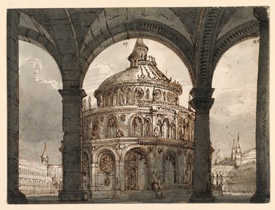 Színpadterv, átrium az ispotályosok templomával Vincenzo Bellini „La Straniera” operájához alkotó: Romolo Achille Liverani