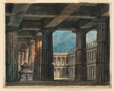 Színpadtervezés, klasszikus loggia és udvar alkotó: Romolo Achille Liverani