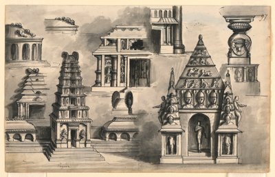 Színpadtervezés, Indiai templomok részletei alkotó: Romolo Achille Liverani