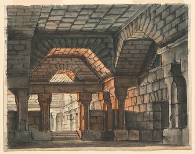 Színpadterv, erődített kastélybelső Gioachino Rossini „Ciro in Babilonia” számára, La Scala, Milánó, 1818, „UnderPrison” alkotó: Romolo Achille Liverani
