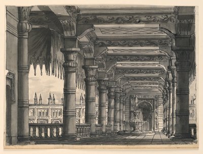 Színpad, loggia szökőkúttal egy keleti palotában alkotó: Romolo Achille Liverani