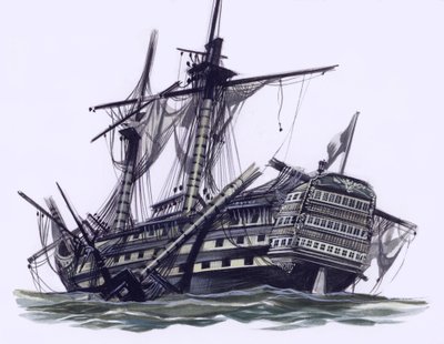 A HMS Victory a trafalgari csata után, szétlőtt árbocszárral (gouache, papír) alkotó: Ron Embleton