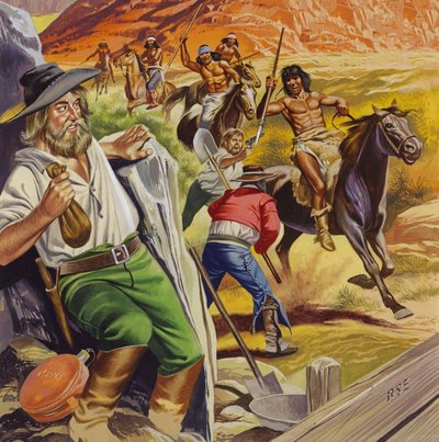 Jacob Waltz és barátja megtámadják az apacs indiánok (gouache, papír) alkotó: Ron Embleton