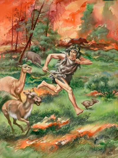Kőkorszaki ember, állatokkal együtt menekül a tűz elől (gouache, papír) alkotó: Ron Embleton