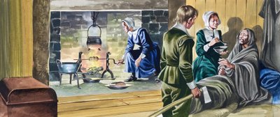 A zarándok atyák félig épített házakban alkotó: Ron Embleton