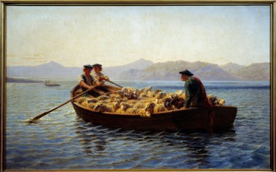 A legeltetés megváltoztatása. A pásztorok beszálltak a juhnyájba, hogy átvigyék őket a túlsó partra. Rosa Bonheur (1822-1899) festménye alkotó: Rosa Bonheur