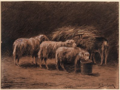 Egy pár birka és egy kos egy istállóban alkotó: Rosa Bonheur