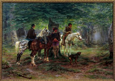 Lovasokat meglepett az eső (XVII. század). Egy erdőben férfiak lóháton szállnak meg egy fa alatt, és várják, hogy elálljon az eső. Rosa Bonheur (1822-1899) festménye alkotó: Rosa Bonheur