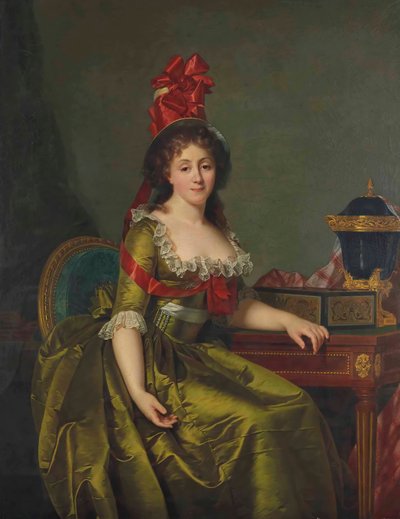 Hölgy portréja, zöld szatén ruhában és motorháztetőben piros szalagokkal. alkotó: Rose Adelaide Ducreux