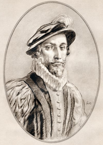 Sir Walter Raleigh, a Híres férfiak élő életrajzaiból. alkotó: Ross Gordon
