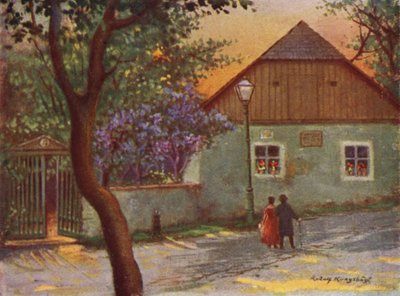 Johann Strauss vidéki háza Bécs külvárosában, Salmannsdorfban (színes litó) alkotó: Rudolf Klingsbogl