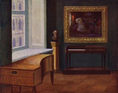 Mozart spinetája (jobbra) és Hugo Wolf zongorája (balra) a Bécsi Városi Múzeumban (színes litó) alkotó: Rudolf Klingsbogl