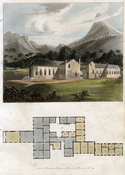 Longwood House, St. Helena nézete és terve: Bonaparte Napóleon rezidenciája alkotó: Rudolph Ackermann