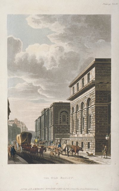 Kilátás az Old Bailey-re, északra nézve, London City, 1814 alkotó: Rudolph Ackermann