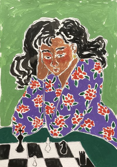 Elgondolkodó sakkozó alkotó: Rushati Chowdhury