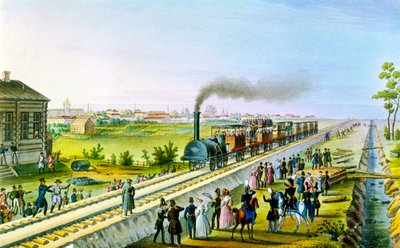 Az első vasútvonal megnyitása Szentpétervárról Pavlovszkba, Oroszországba, 1830-as évek. alkotó: Russian Master