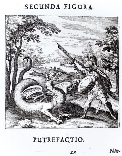 Egy lovag, aki legyőzi a sárkány által megtestesített „Rot”-ot, Basil Valentine „Musaeum Hermeticum Reformatum” című művéből, 1678 alkotó: Russian School