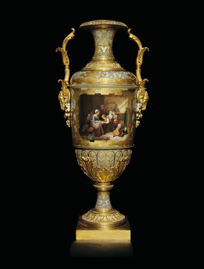 II. Sándor kétnyeles porcelán és aranylevél váza, iskolai szoba jelenettel festve B után, 1866 alkotó: Russian School