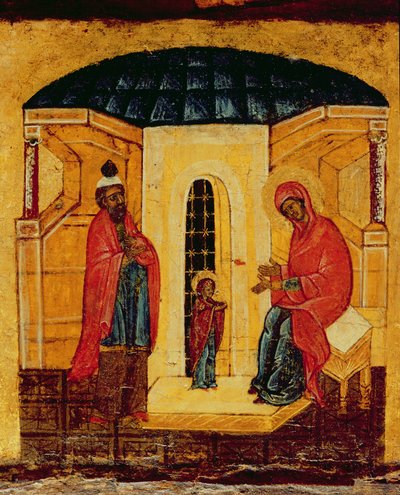 Jézust a templomban ábrázoló ikon, 1550 körül (tempera és aranylevél a panelen) (314500 részlet) alkotó: Russian School