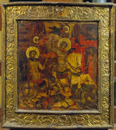 Szent Györgyöt és Szent Demetriust ábrázoló ikon, 1676 körül (tempera a panelen) alkotó: Russian School