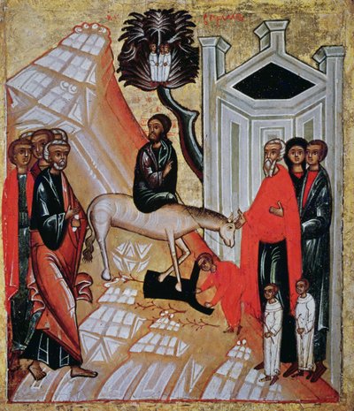 Krisztus Jeruzsálembe való belépését ábrázoló ikon, a Novgorodi Iskola alkotó: Russian School