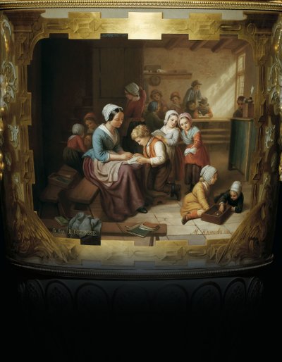 Festett részlet egy II. Sándor kétfogantyús porcelánból és arany leveles vázából, egy iskolai szoba jelenetet ábrázol a B után, 1866 alkotó: Russian School