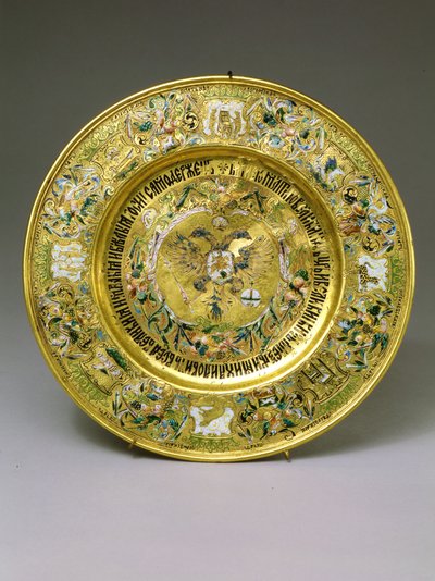Alekszej Mihajlovics Romanov cár (1629-1676) tányérja 1675 körül (arany és zománc) alkotó: Russian School