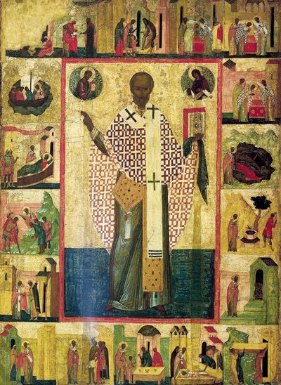Zaraiski Szent Miklós jelenetekkel életéből, 16. század eleje. alkotó: Russian icon.