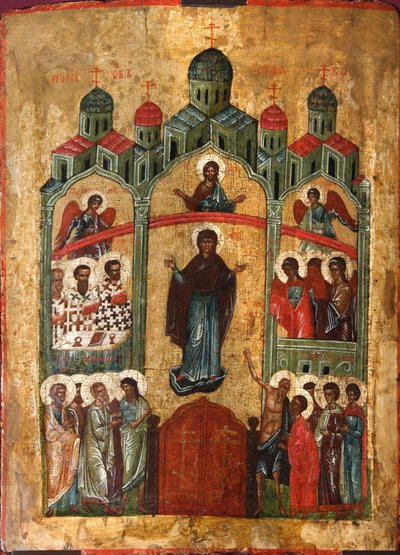 Pokrov Istenszülő védelme, 15. század eleje. alkotó: Russian icon.
