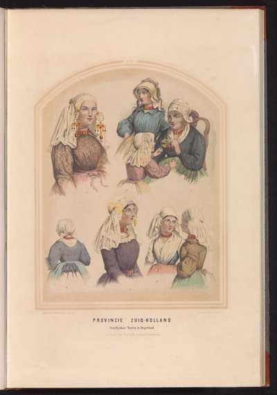 Overflakkee, Voorne és Oud-Beijerland hagyományos viselete Dél-Hollandiában, 1857 Dél-Hollandia tartomány Overflakkee Voorne és Beijerland / XVI (cím a tárgyon) alkotó: Ruurt de Vries